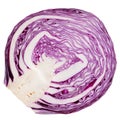 Half of purple cabbage lies frontally, on a white background, the texture of the slice is similar to a bug