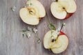 Half Red Apple Isolated Camomile Flowers Rustic Wooden Background Health food diet Vegan concept