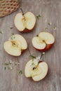 Half Red Apple Isolated Camomile Flowers Rustic Wooden Background Health food diet Vegan concept