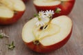 Half Red Apple Isolated Camomile Flowers Rustic Wooden Background Health food diet Vegan concept