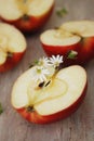 Half Red Apple Isolated Camomile Flowers Rustic Wooden Background