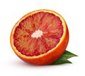 Half red blood orange with leaves isolated on white background. Royalty Free Stock Photo