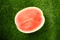 Half red watermelon on green grass, summer fruitn Royalty Free Stock Photo