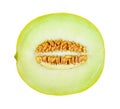 Half of ripe melon with seeds isolated on white background. Sweet green pulp of juicy galia melon. Ingredient for fruit desserts.