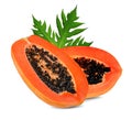 Half ripe papaya with  seeds and green leaves isolated on white background.Slices of sweet papaya isolate on white background. Royalty Free Stock Photo