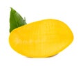 A half of ripe yellow mango fruit with green leaves isolated on white background with clipping path Royalty Free Stock Photo