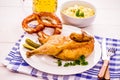 Half roast chicken, beer, pretzel and potato salad