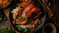 half of the roasted duck served with cabbage Royalty Free Stock Photo