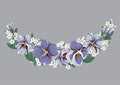 Half-round floral frame wreath with viola flowers