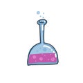 Half round Test tube vector color outlined sketch icon isolated on white background. Hand drawn bulb with lilac bubble liquid.