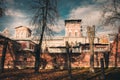 Half ruined brick wall and part of the facade of the new refectory, Simonov Monastery, Moscow, Russia