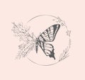 Half shape butterfly with branch and flowers for tattoo t-shirt print or wall art. Hand drawn wedding herb. Botanical