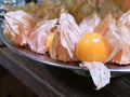 A half tray view of fresh, Thai grown, cape gooseberries.