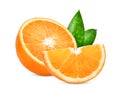 Half and slice of orange fruit with green leaves isolated Royalty Free Stock Photo