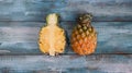 Half and sliced pineapple on wooden background. Summer, tropical fruit. Royalty Free Stock Photo