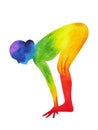 Half Standing Forward Bend Yoga Pose, 7 color chakra watercolor painting Royalty Free Stock Photo