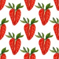 Half strawberry seamless watercolor pattern. Ripe sweet berry with leaves isolated on white background. Hand drawn Royalty Free Stock Photo