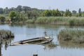 half-submerged boat at Quaranta canal, near Cona island conservation area, Staranzano, Friuli, Italy
