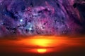 Half sun back red cloud and nebula galaxy on the sunset sky Royalty Free Stock Photo