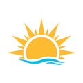 A half sun is setting downwards with water wave icon vector sunset concept for graphic design, logo, web site, social media,