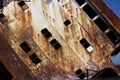 Half-sunken ship on which the smugglers were transporting goods. Rusty vessel walls