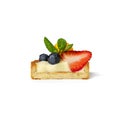 Half tartlet with whipped cream and berries on white background. Candy bar, sweets and dessert, cake cut in half