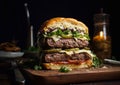 Half of tasty beef burger with cheese and lettuce with tomato and sauce on wooden table.Macro.AI Generative