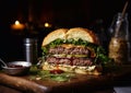 Half of tasty beef burger with cheese and lettuce with tomato and sauce on wooden table.Macro.AI Generative