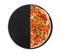 Half of tasty pizza with mushrooms, corn, cherry tomatos, courgettes and bell peppers on a black slate plate isolated on white bac Royalty Free Stock Photo