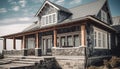 Half timbered cottage with blue door, luxury staircase, and old fashioned facade generated by AI