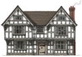 Half-timbered house featuring a symmetrical design with two gabled roofs. The timber frame is Royalty Free Stock Photo