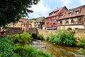 Half timbered houses and bridge through Kayserberg, Alsace, France Royalty Free Stock Photo