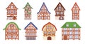 Half-timbered Houses Set. Charming Architectural Structures With Exposed Wooden Frames Filled With Brick Or Plaster