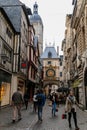 Half-timbered Houses at the street with the Great-Clock Gros-Horloge astronomical clock in Rouen, Normandy, France