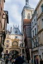 Half-timbered Houses at the street with the Great-Clock Gros-Horloge astronomical clock in Rouen, Normandy, France