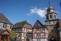 Half-timbered houses under the castle Royalty Free Stock Photo