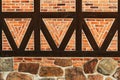 Half-timbered old house wall, brick wall pattern with joist timber framework. Detail from town of Halmstad in Sweden Royalty Free Stock Photo