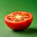 Half of tomato on green background. Close up. Copy space. Royalty Free Stock Photo