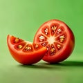 Half of tomato on green background. Close up. Copy space. Royalty Free Stock Photo