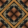 Half tone 3d gold seamless pattern. Vector ornamental shiny background. Repeat halftone textured ornaments with golden gradient