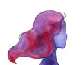 A half-turned woman, a female shape with watercolor gradient, bright hand-drawn illustration in purple gamma