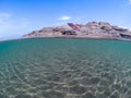 Half underwater shot, Beach view half sky half water, clear turquoise water and sunny blue sky, Tropical ocean, Half underwater sh