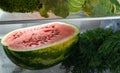 Half a watermelon on the refrigerator shelf. green vegetables on top and to the side of it. Vegan food