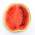 Half watermelon with seeds isolated on white from above.