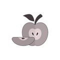 Half whole apple with a slice and seed inside. Silhouette apple icon. Fruit with branch and leaf.