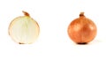 half and a whole round onion in brown husk on a white background