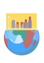 Half world with ascending graph of city buildings statistical diagram, houses on planet earth