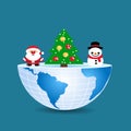 Half of the world with inside christmas tree snowman and Santa C Royalty Free Stock Photo