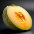Half yellow honeydew melon with seeds isolated on dark background, AI generative content Royalty Free Stock Photo