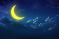 Half yellow moon behind cloudy on sky and star at night. Outdoor Royalty Free Stock Photo